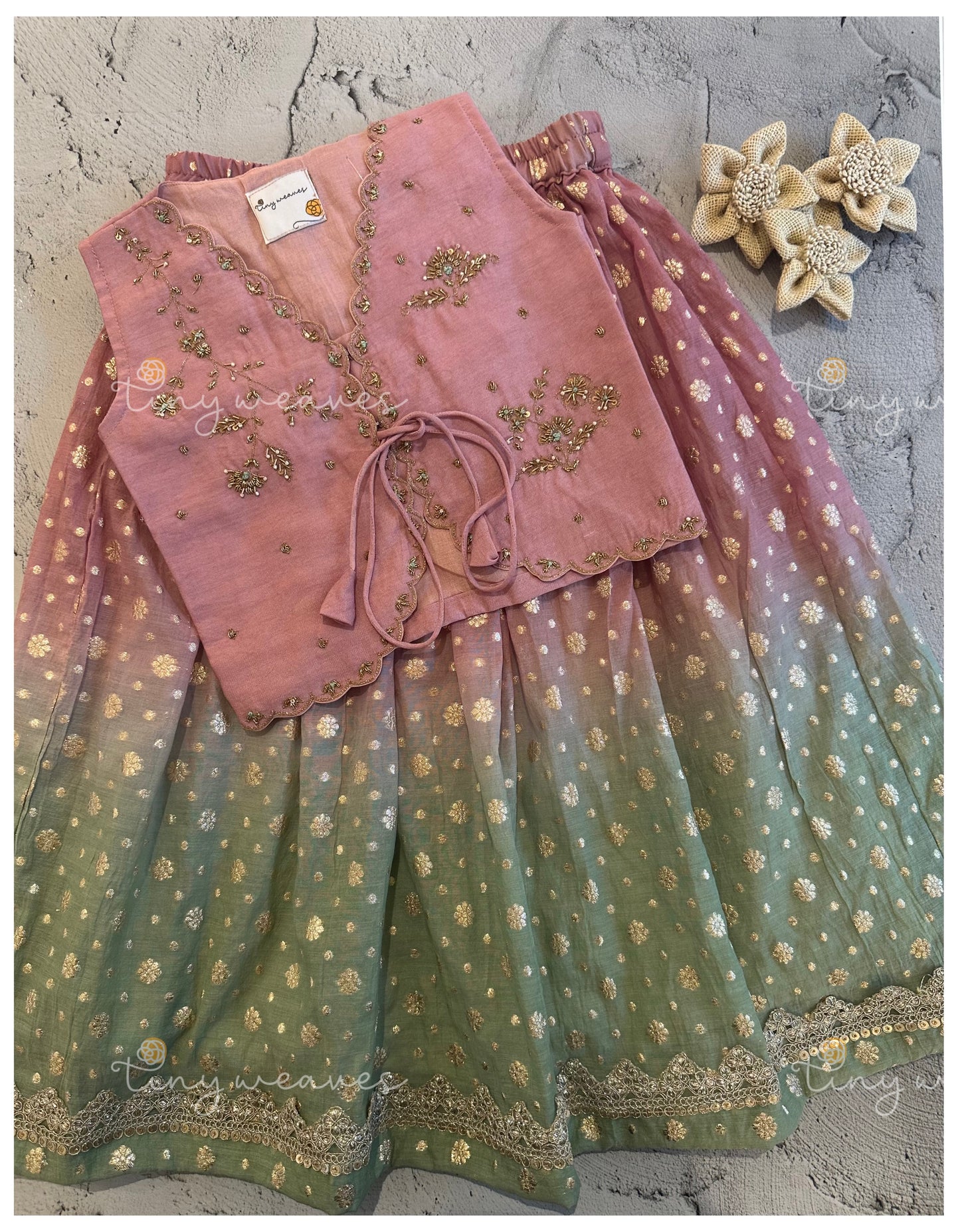 Mauve and green embroided skirt set