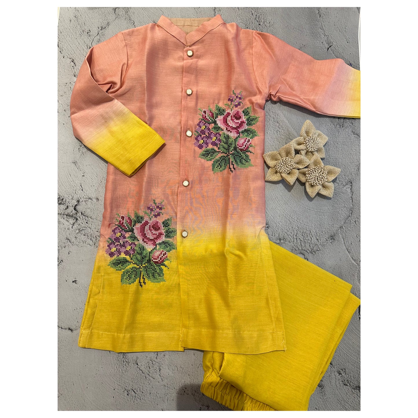 Ombré bunch cross stitch kurta ( peach & yellow)