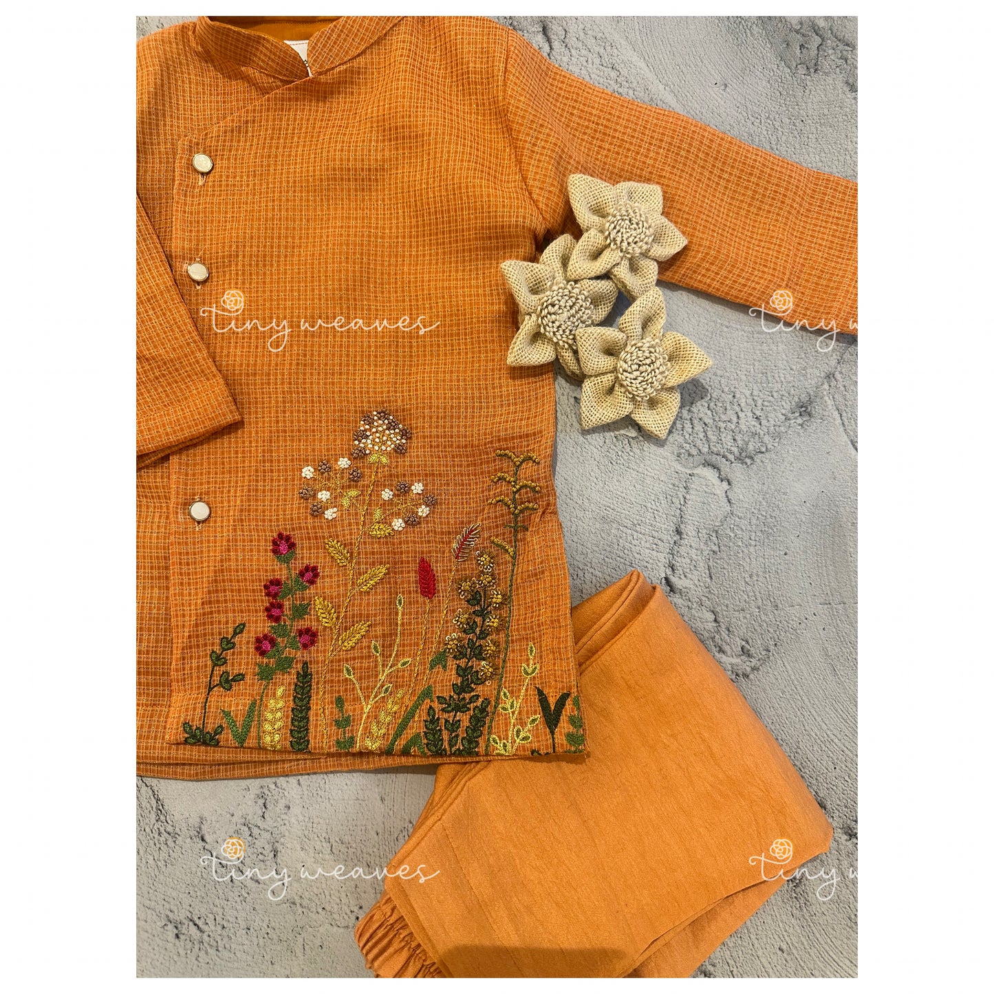 Garden embroidered kurta set in orange