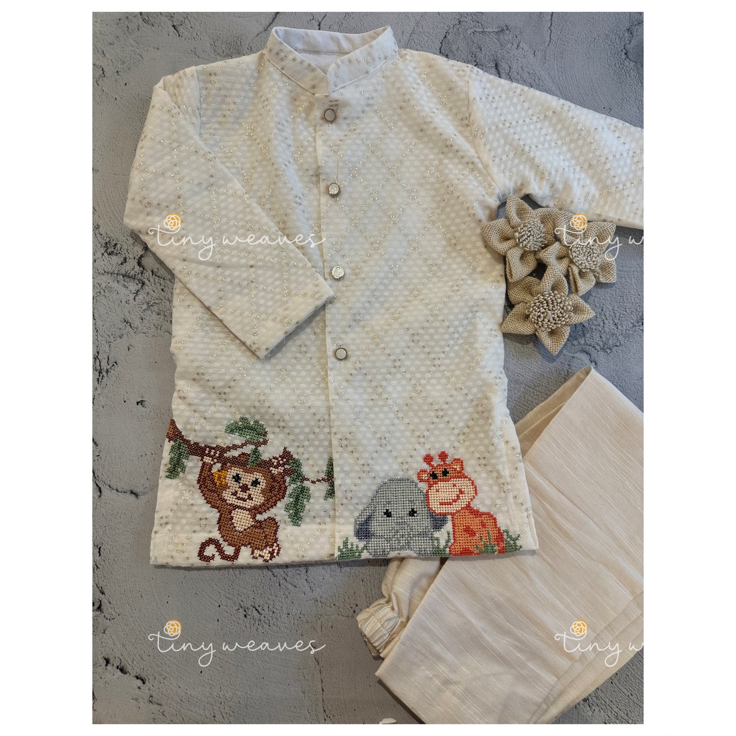Elephant giraffe monkey cross stitch white kurta set
