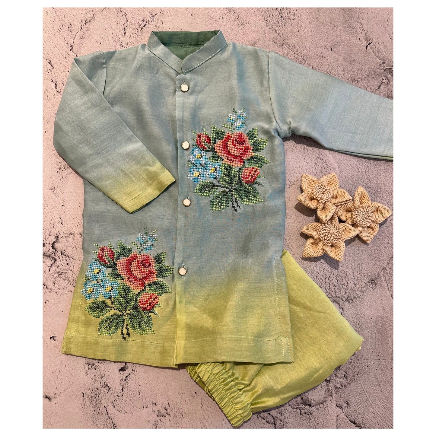 Ombré bunch cross stitch kurta set ( blue & green)