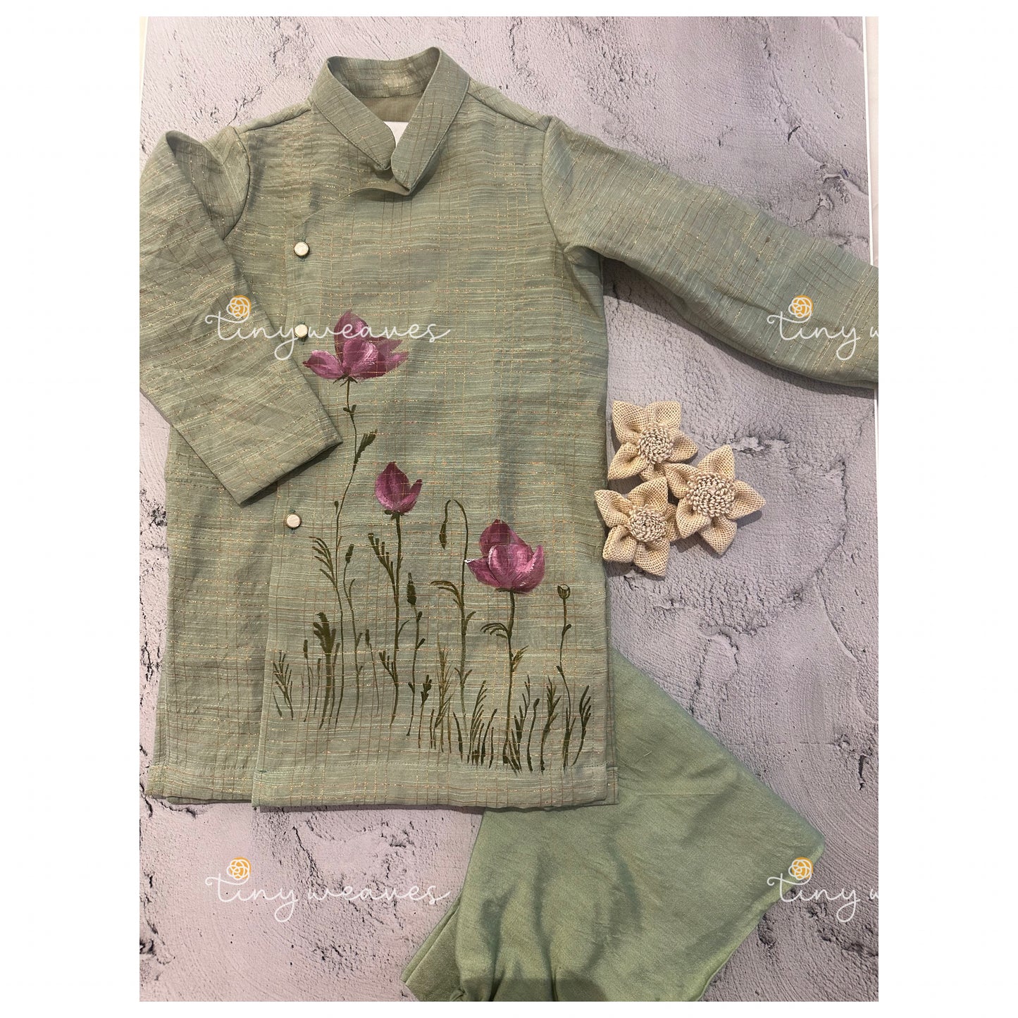 Hand painted sea green kurta set