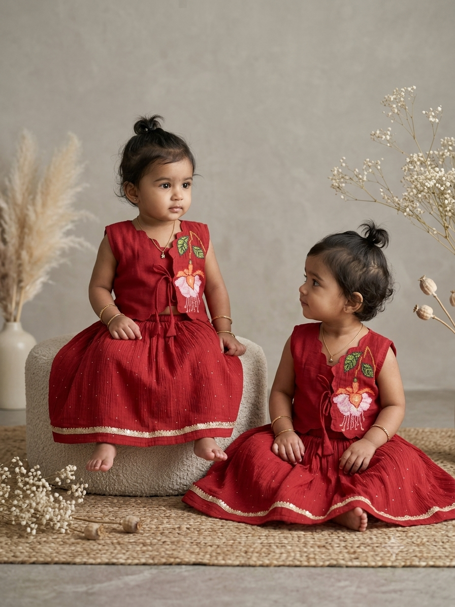 Scarlet bloom cross stitch skirt set