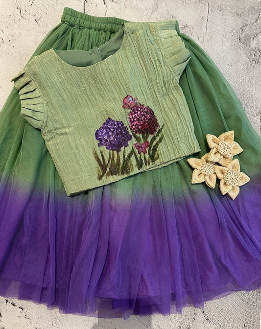 Mint Purple Hydrangea Hand-Painted Skirt Set