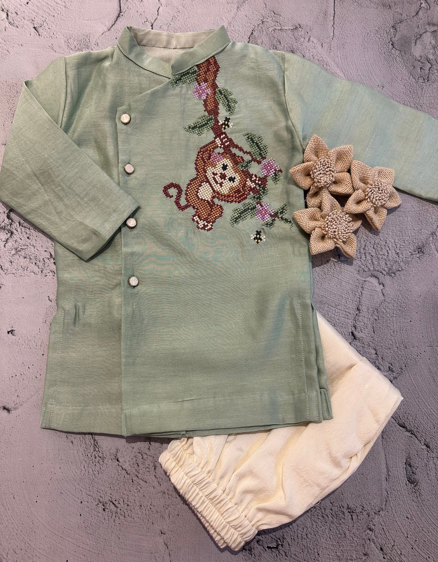 Hanging monkey cross stitch kurta set