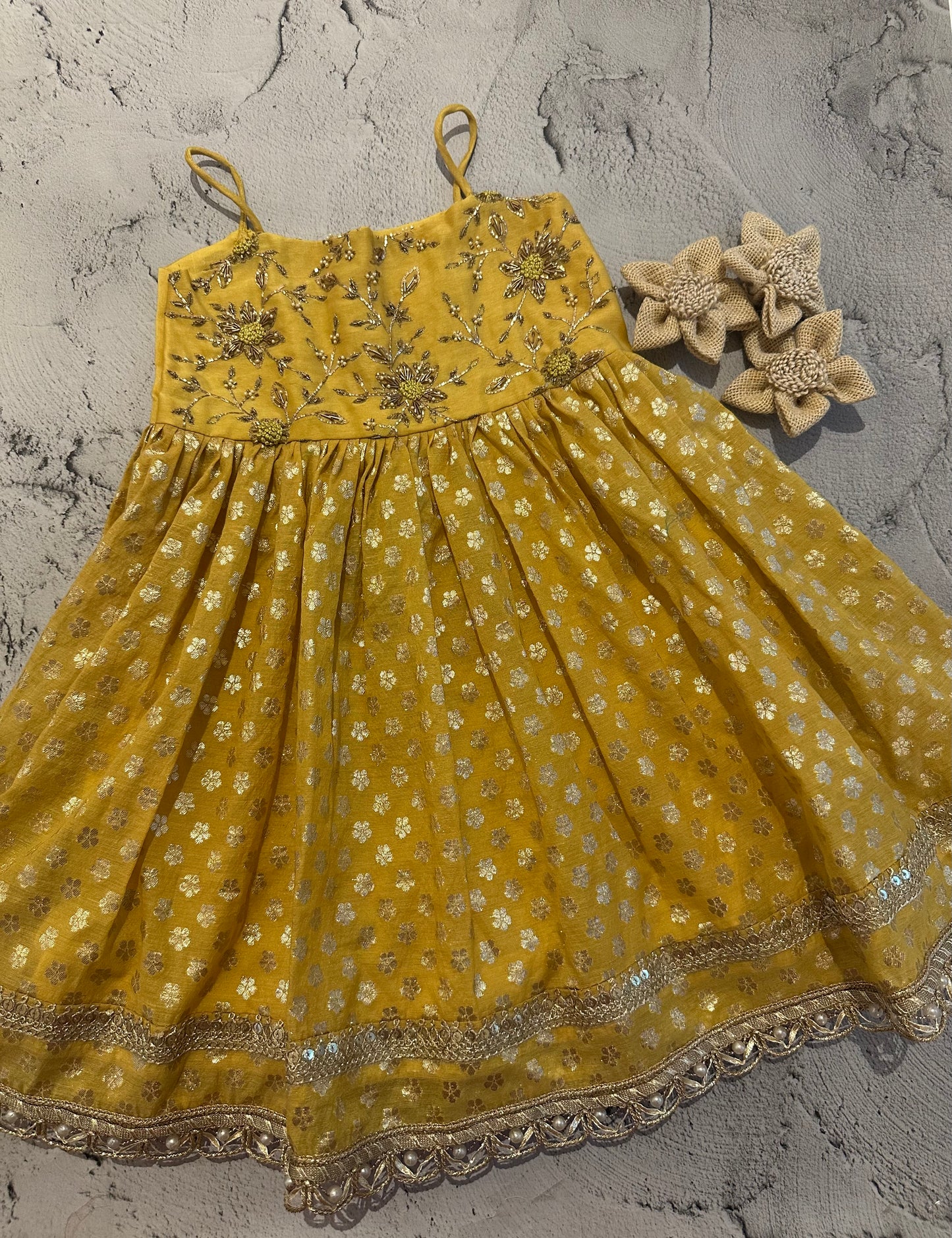 Flora embroidered strap frock in yellow