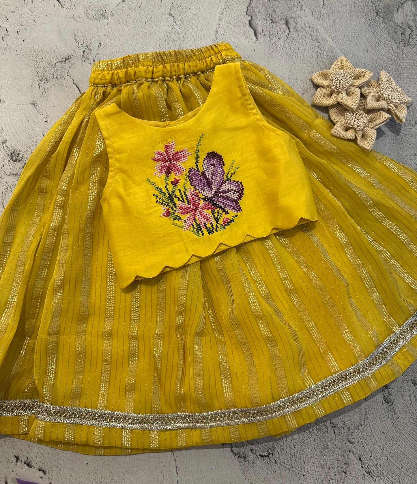 Butterfly cross stitch skirt set in yellow