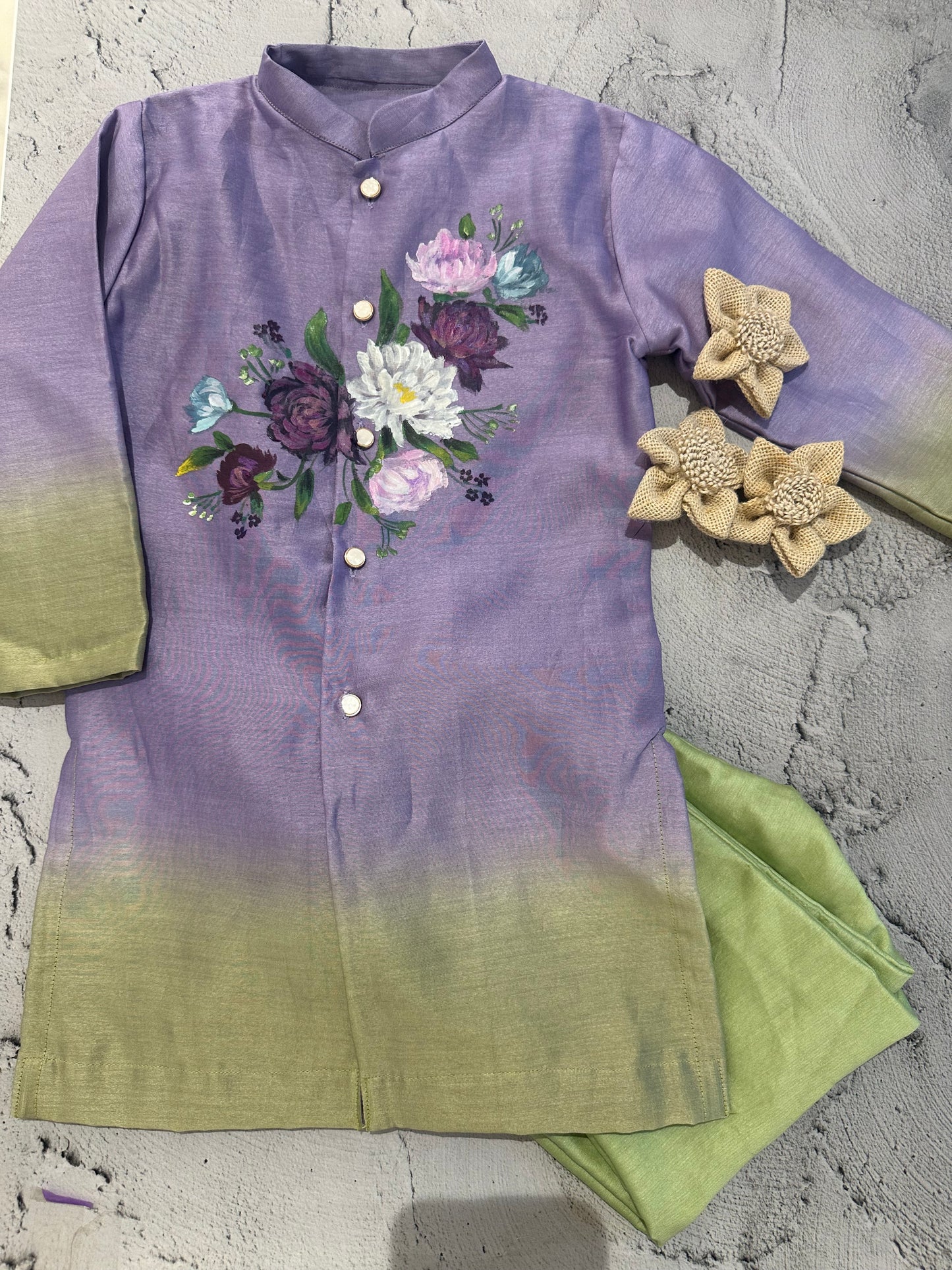 Lavender and green hand painted kurta set