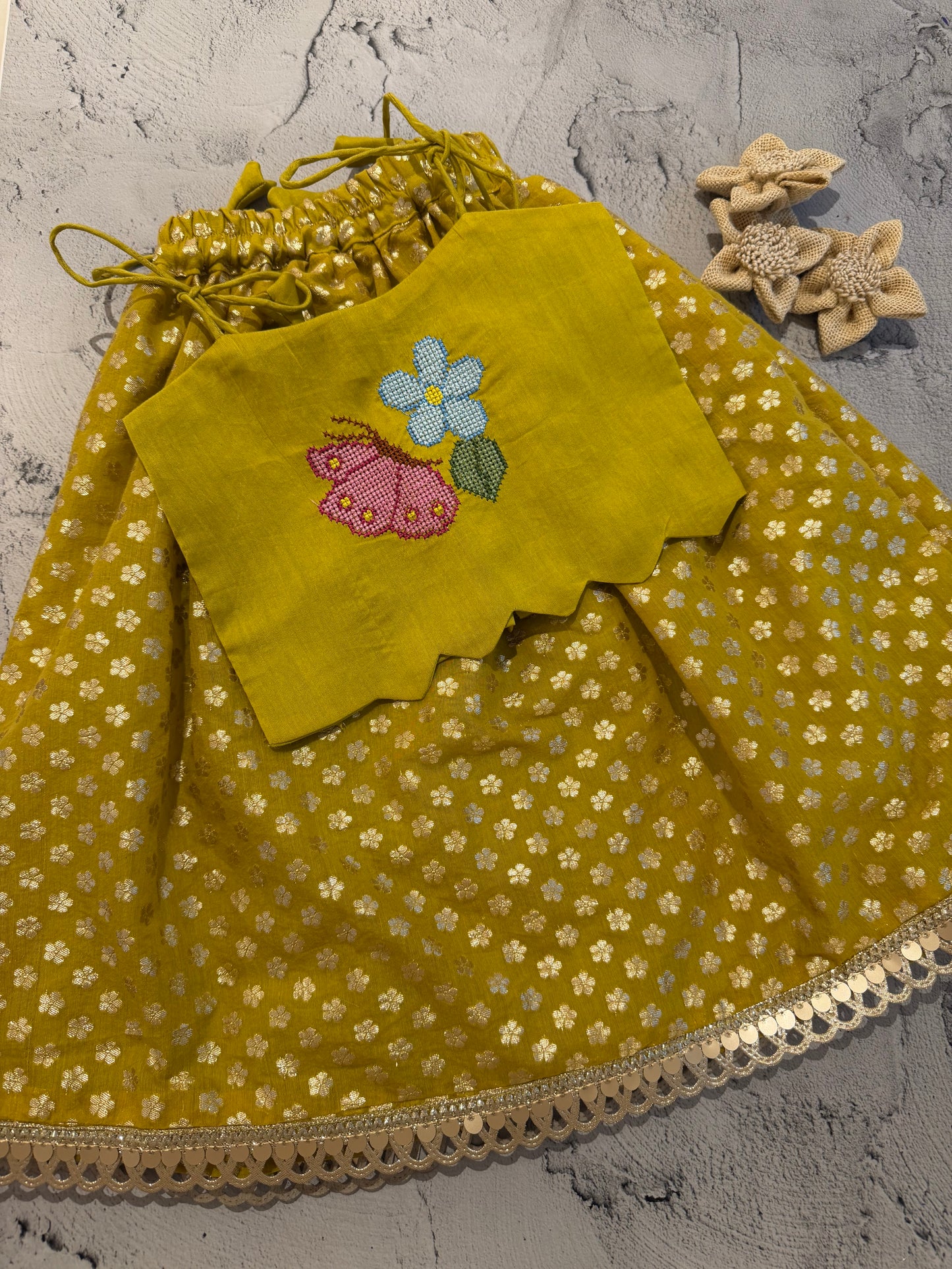 Lime meadow cross stitch skirts set