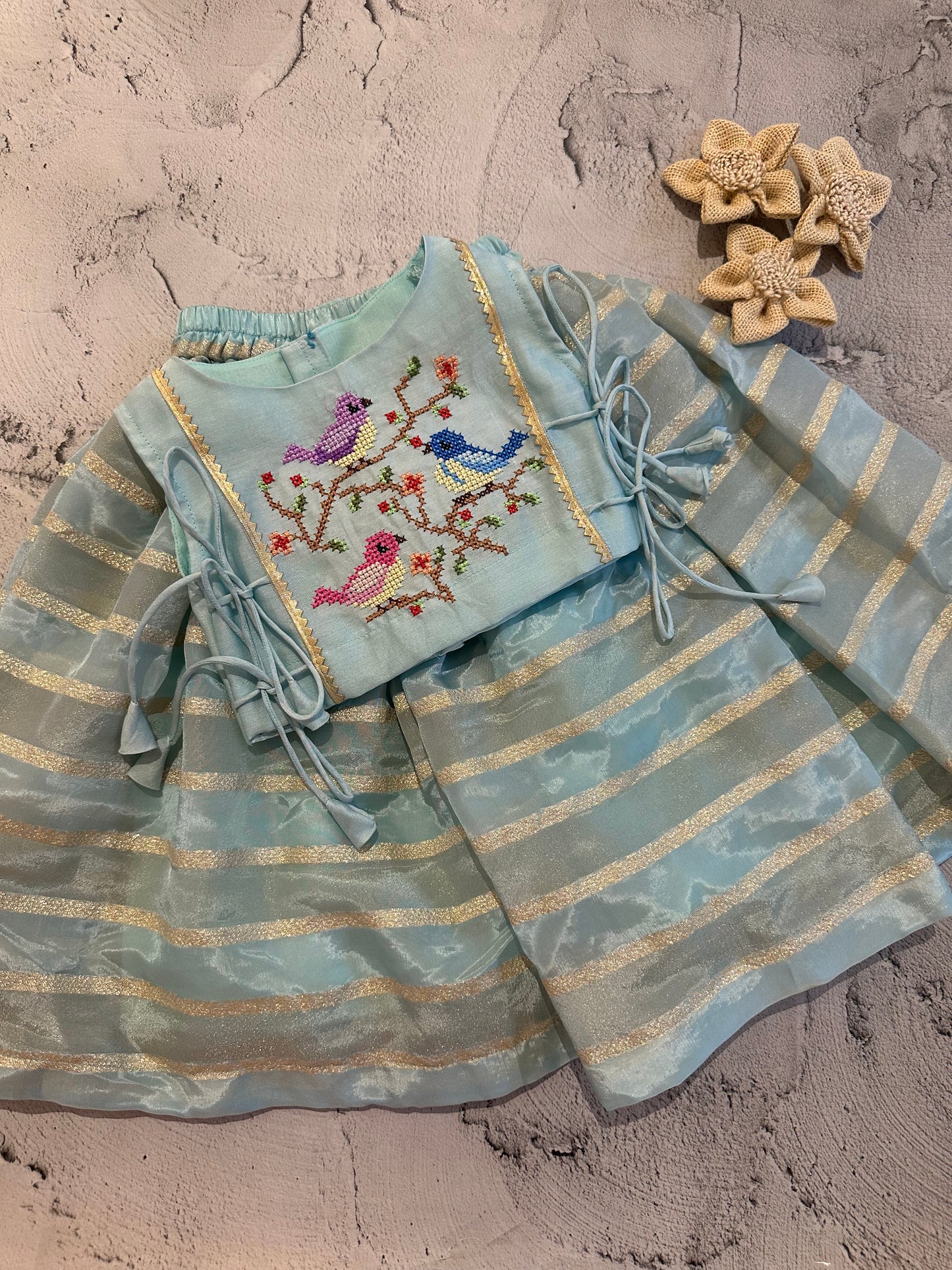 Flock of birds cross stitch skirt set in blue