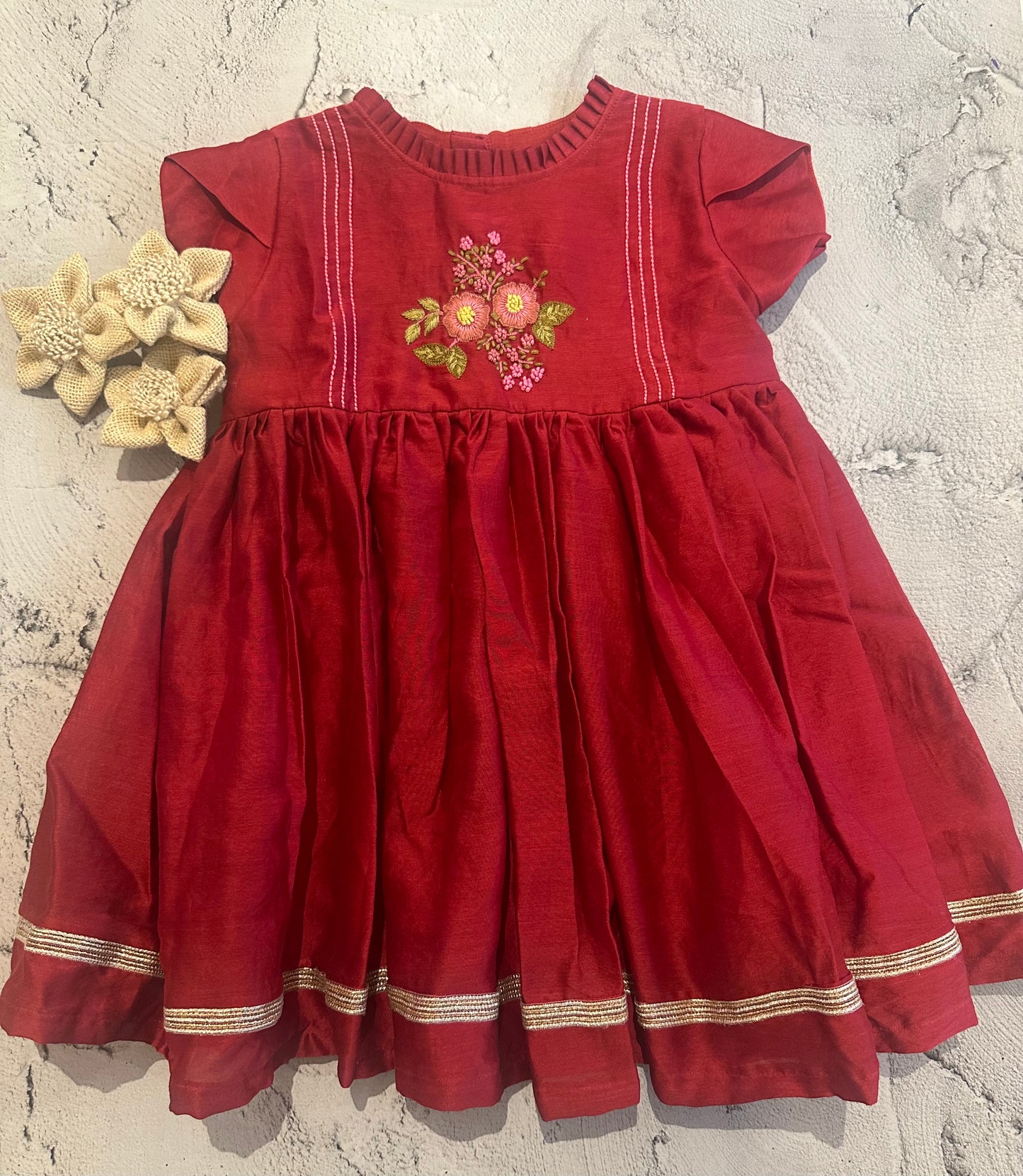 Flora embroidered red dress