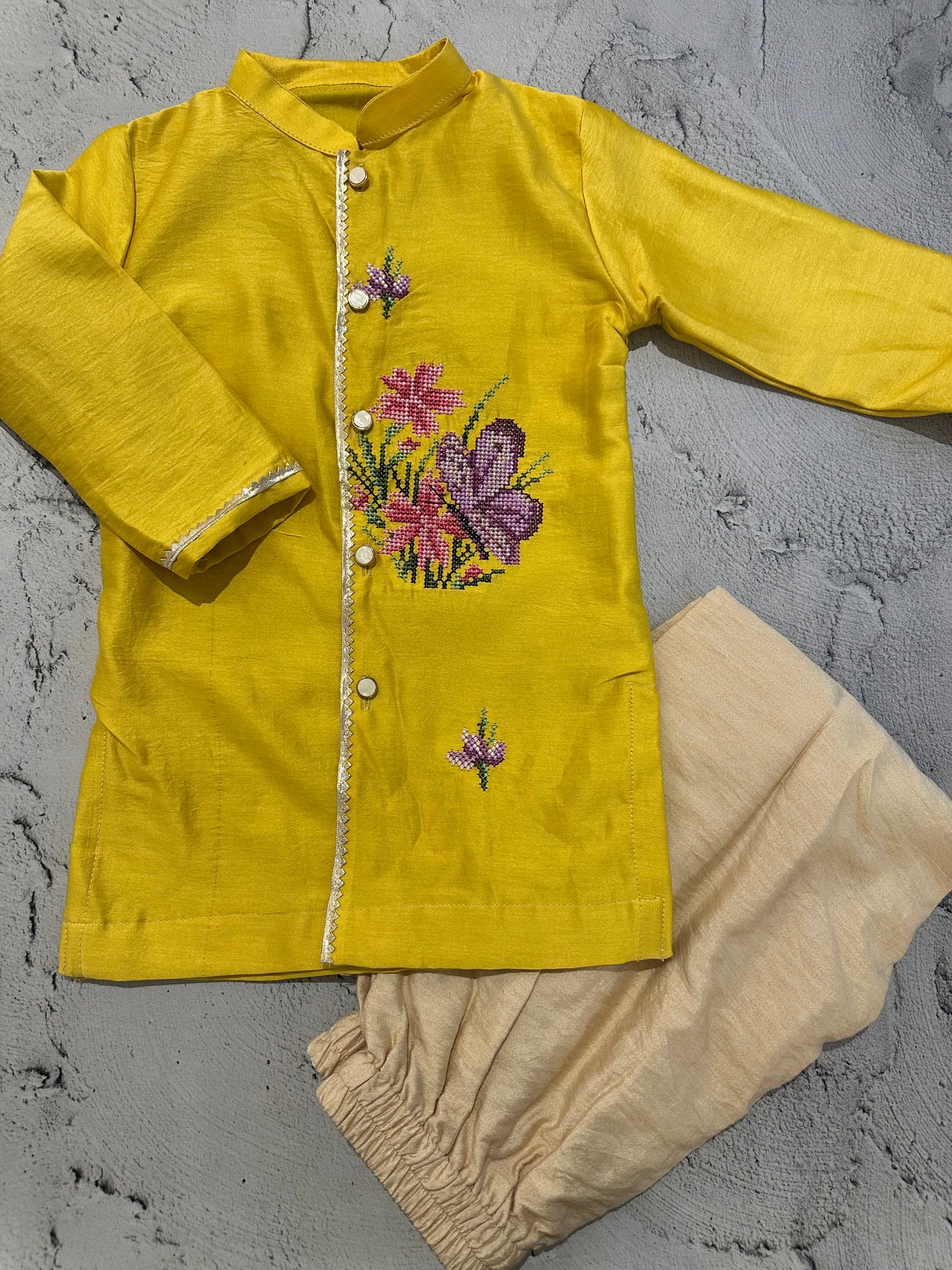 Butterfly cross stitch kurta set (yellow)
