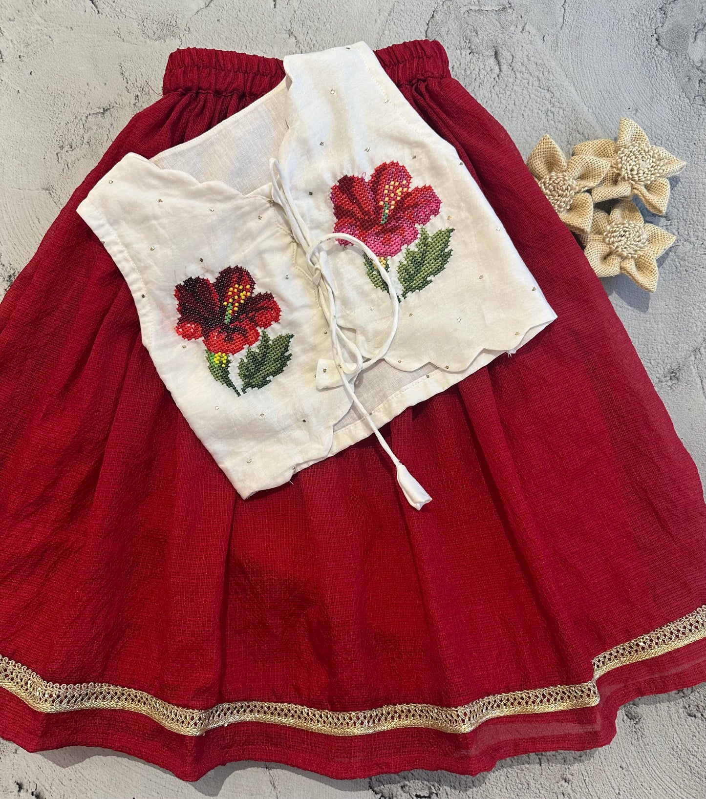 hibiscus cross stitch skirt set (red)
