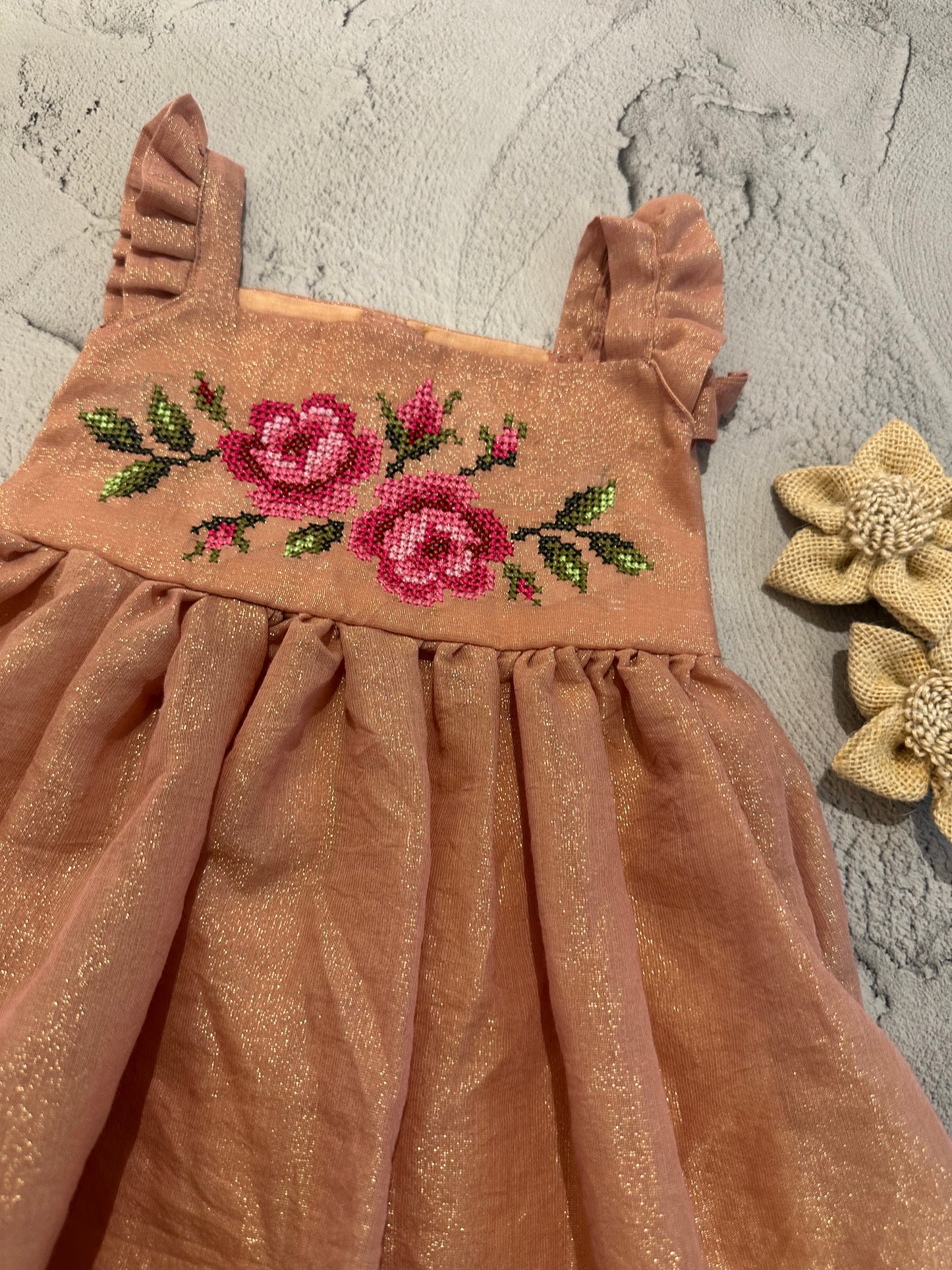 Peach Chanderi Tissue Cross-Stitch Pleated Sleeve Frock (1-2 years)