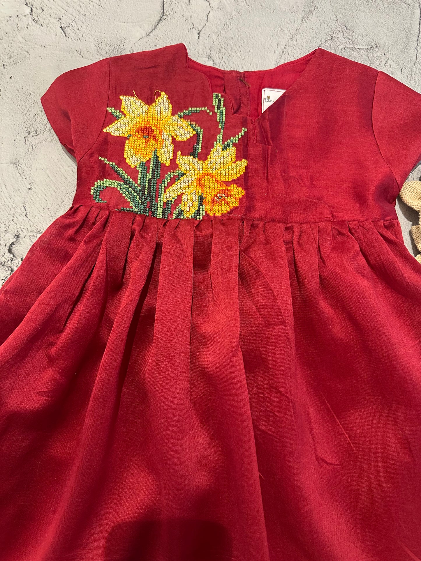 golden daffodil Red Cross stitch angarakha frock (4-5 years)