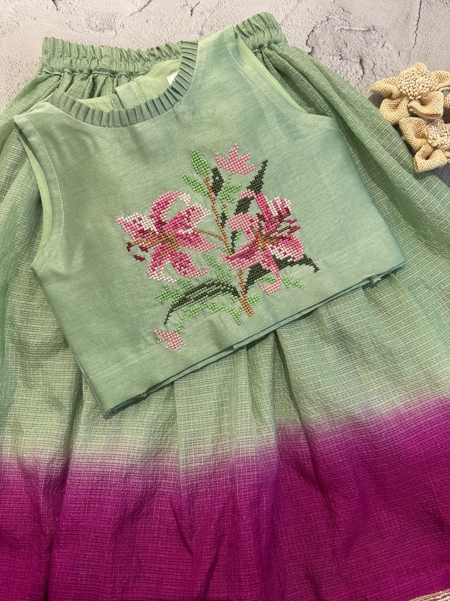 Mint and magenta lily cross stitch skirt set (1-2 years)