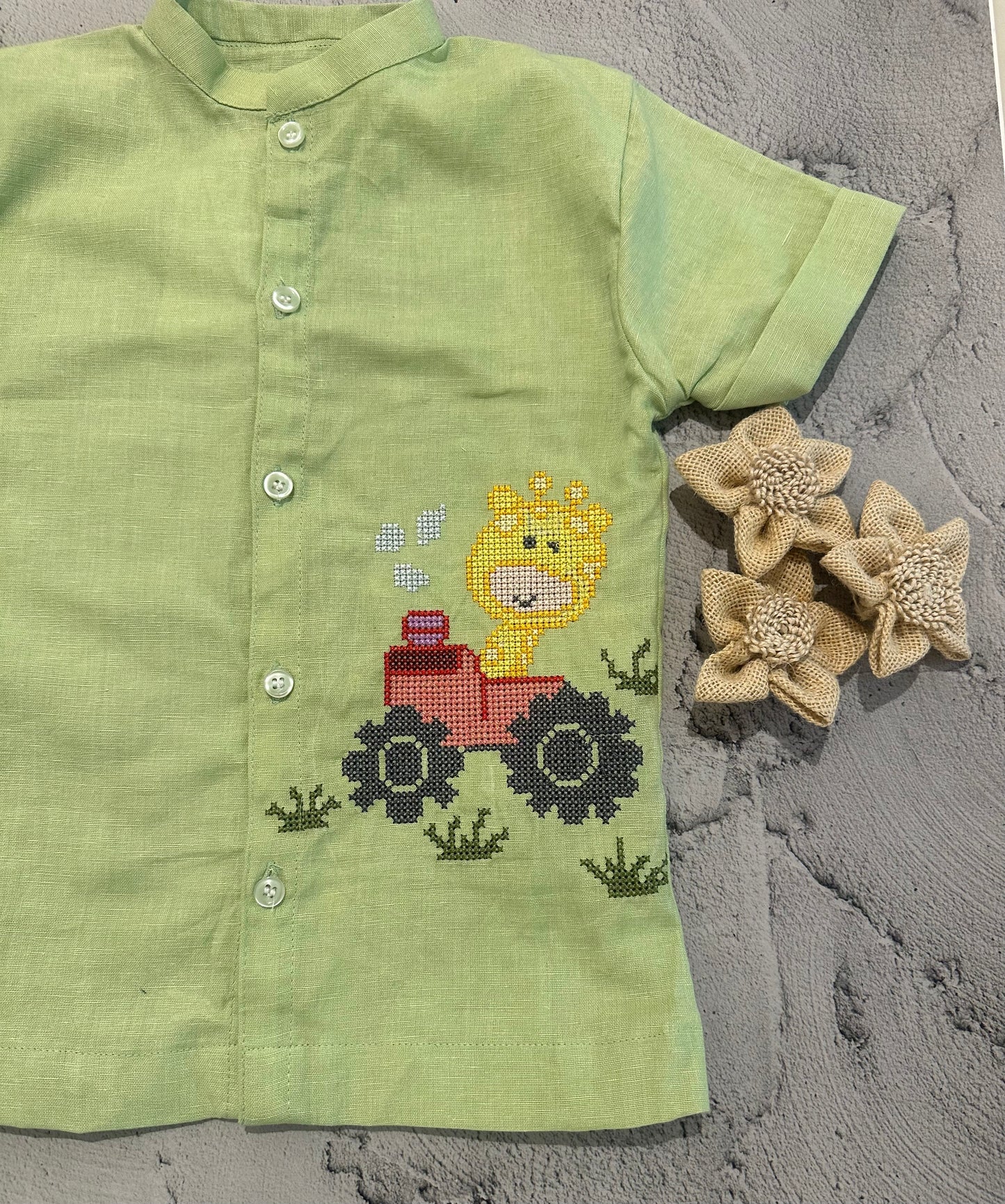 Green Linen Cotton giraffe Cross-Stitch Shirt