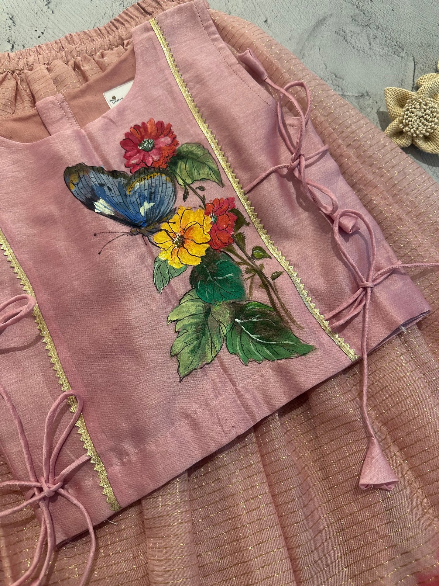 Pink & Red Ombre Butterfly Hand-Painted Chanderi Tie Blouse Skirt Set