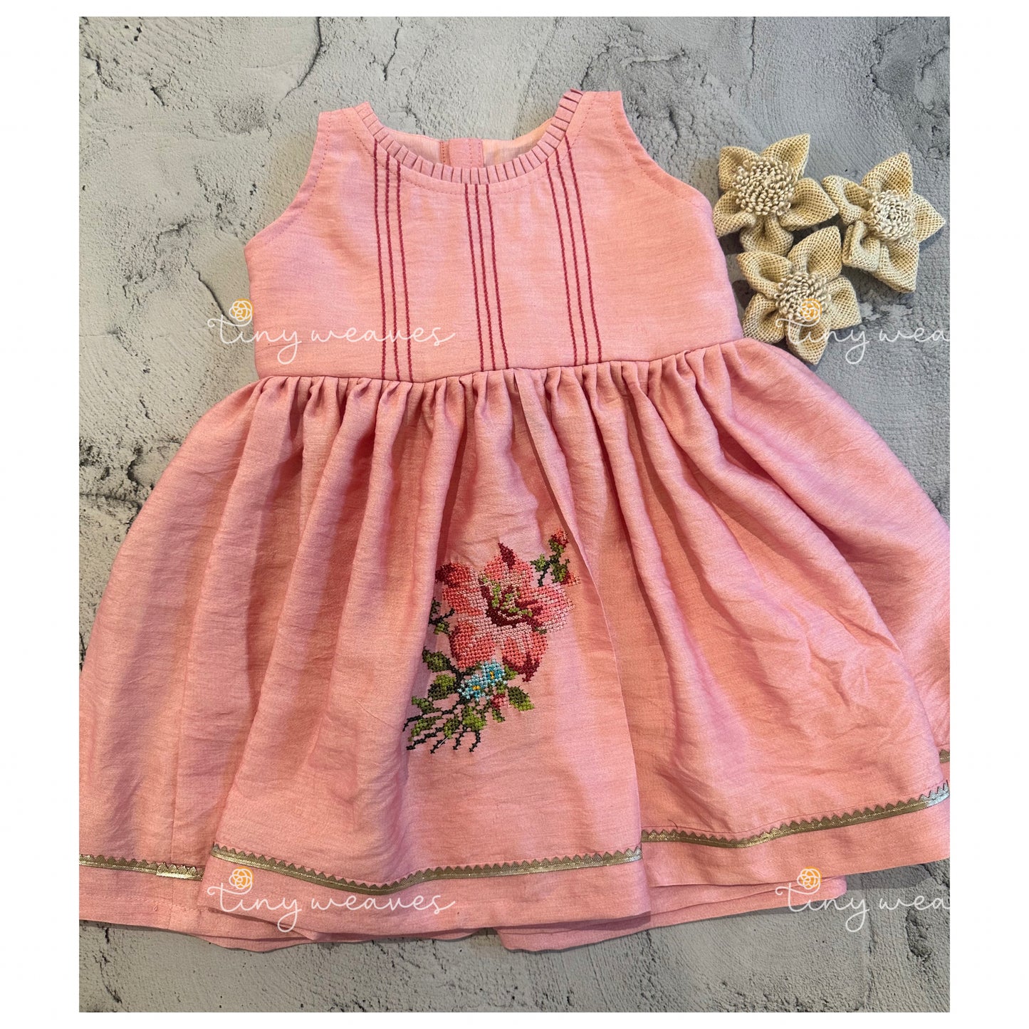 Pink hibiscus cross stitch frock (1-2 years)