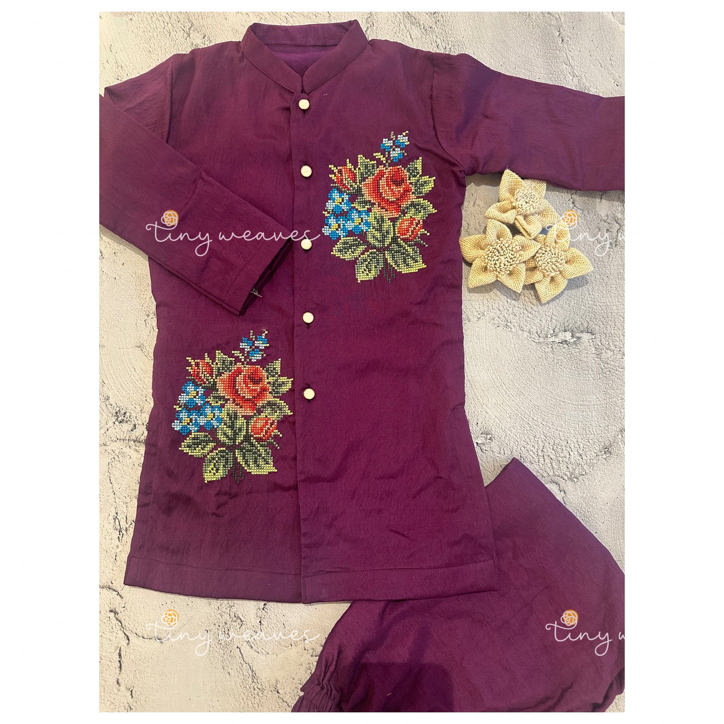 Purple bunch cross stitch kurta set