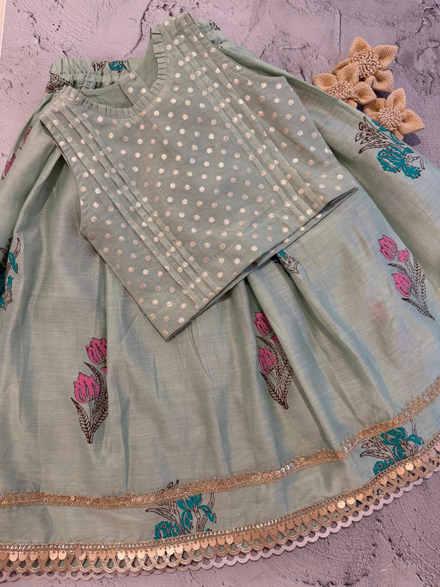 Mint Bloom Block Print Skirt Set