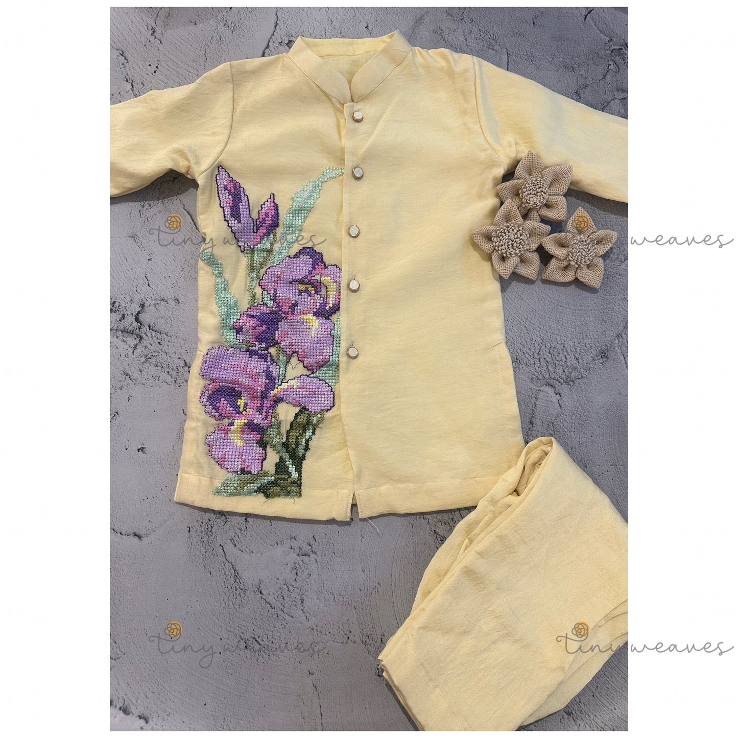 Creeper cross stitch yellow kurta set (4-5 years)