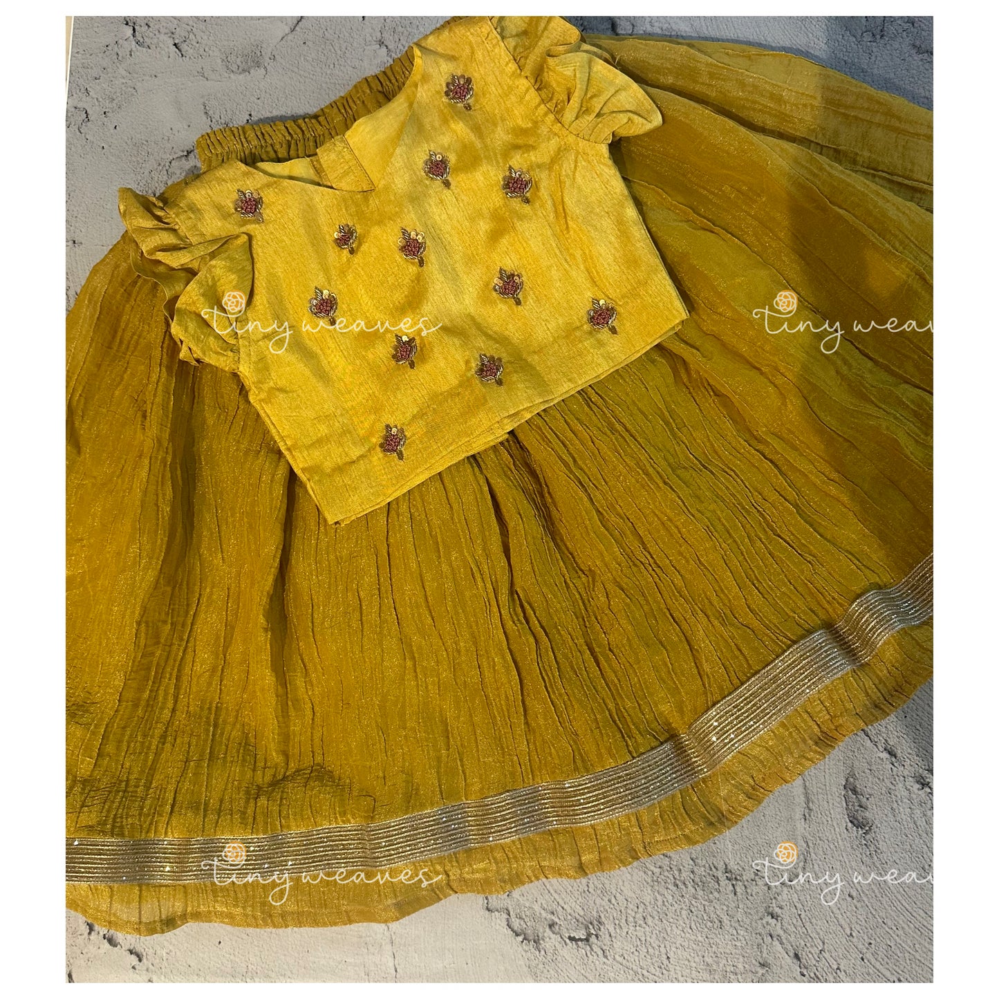 Yellow crush tissue embroidered skirt set