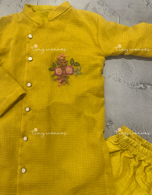 Flora embroidered kurta set in yellow