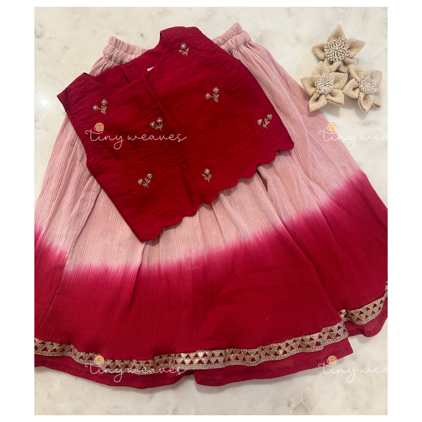 Crushed ombré embroidered skirt set in red