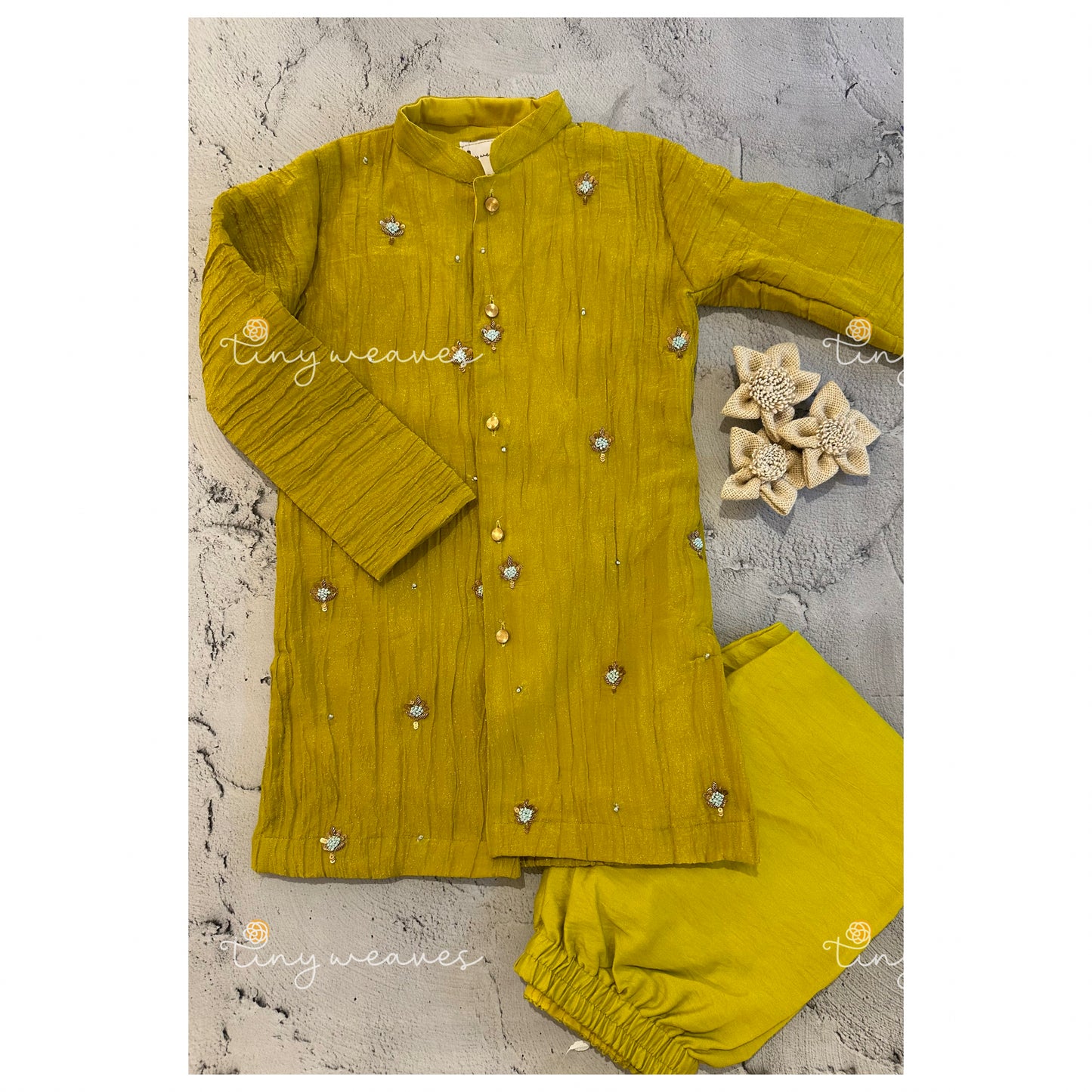 Lime green crushed hand embroidered kurta set