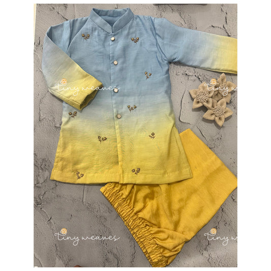 Blue and yellow embroidered kurta set