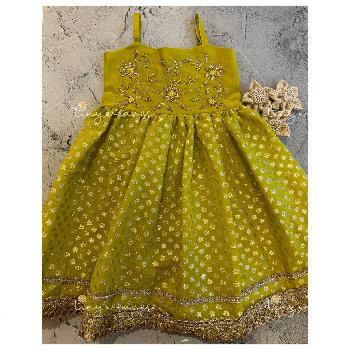 Lime green embroidered strap dress