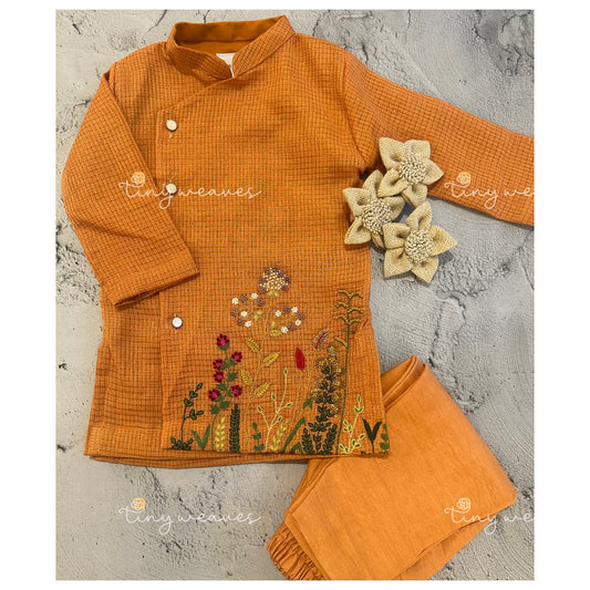 Garden embroidered kurta set in orange