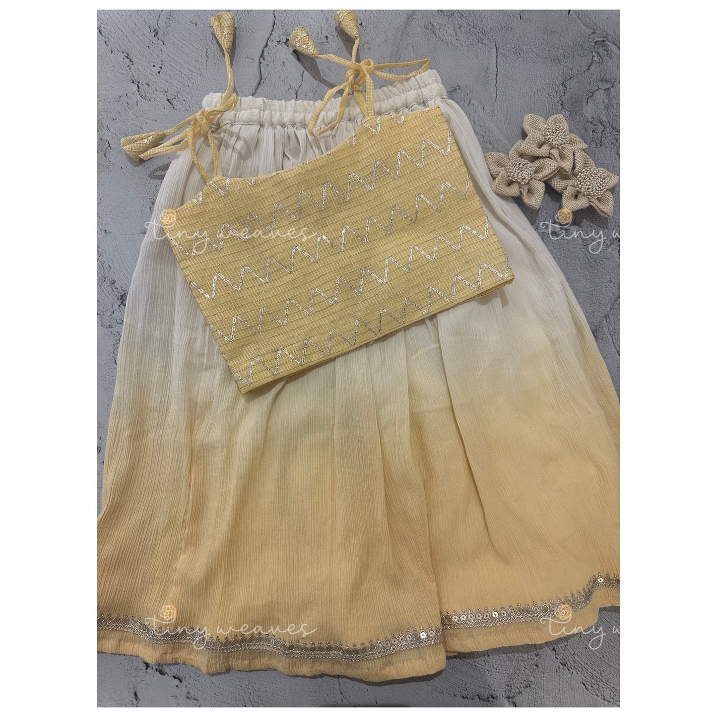 Pastel yellow and white skirt set
