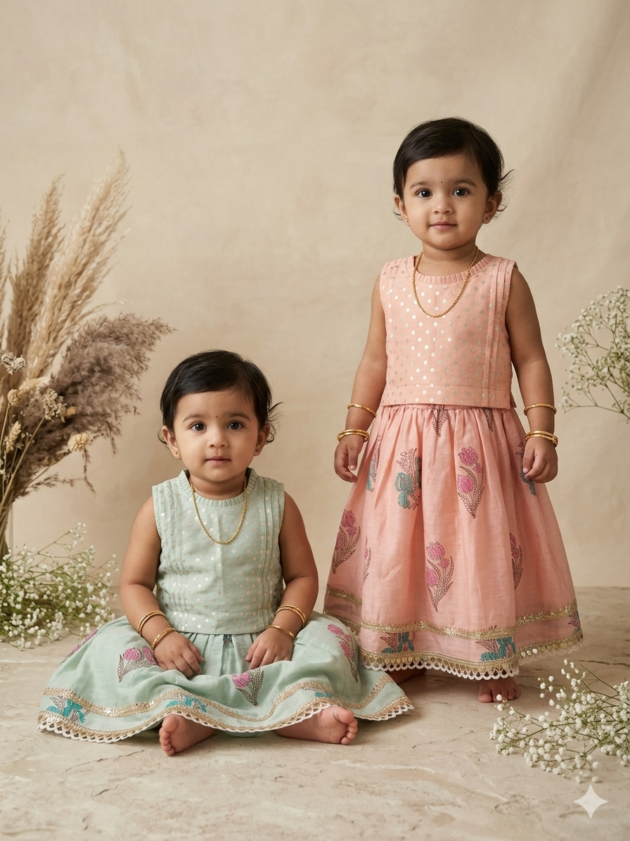 Mint Bloom Block Print Skirt Set (3-4 years)