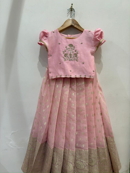 Pink Zardosi Chanderi Blouse & Skirt Set