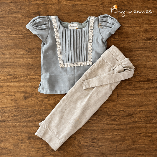 Powder Blue Chanderi Top & Linen Cotton Pants Set