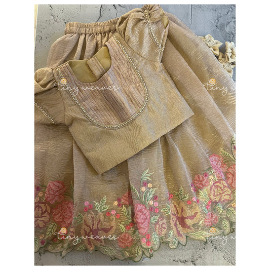 Cross stitch cut work skirt set in champagne