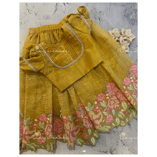 Cross stitch cut work skirt set yellow