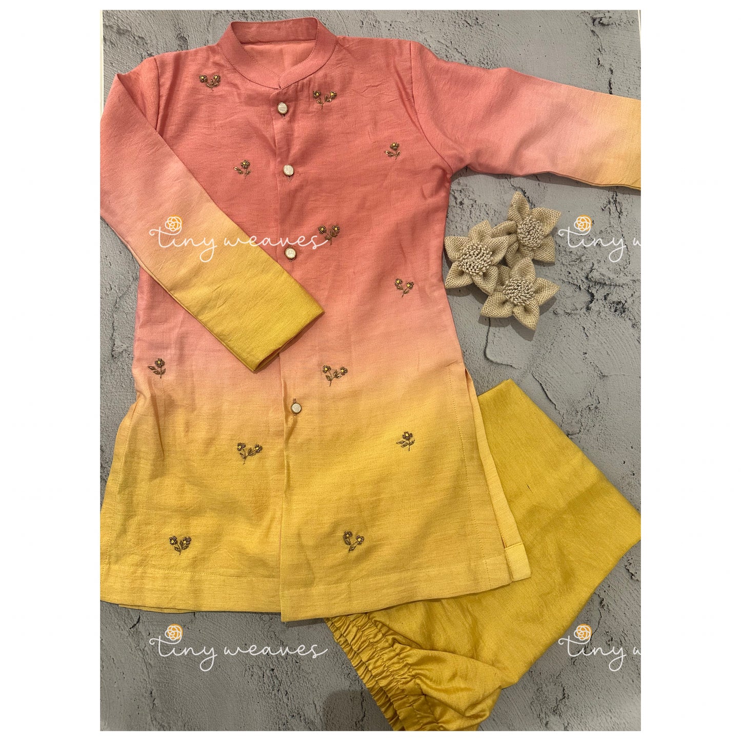Pink and yellow embroided kurta set
