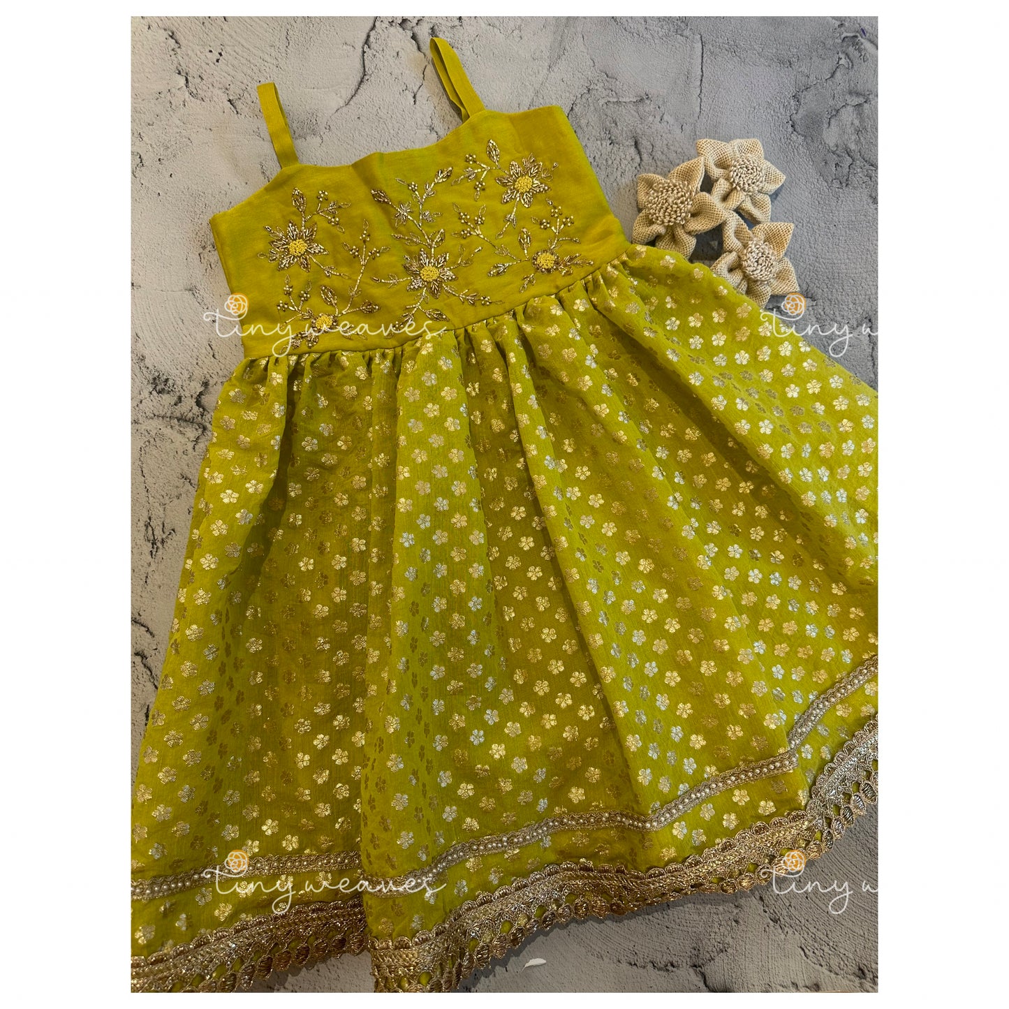 Lime green embroidered strap dress