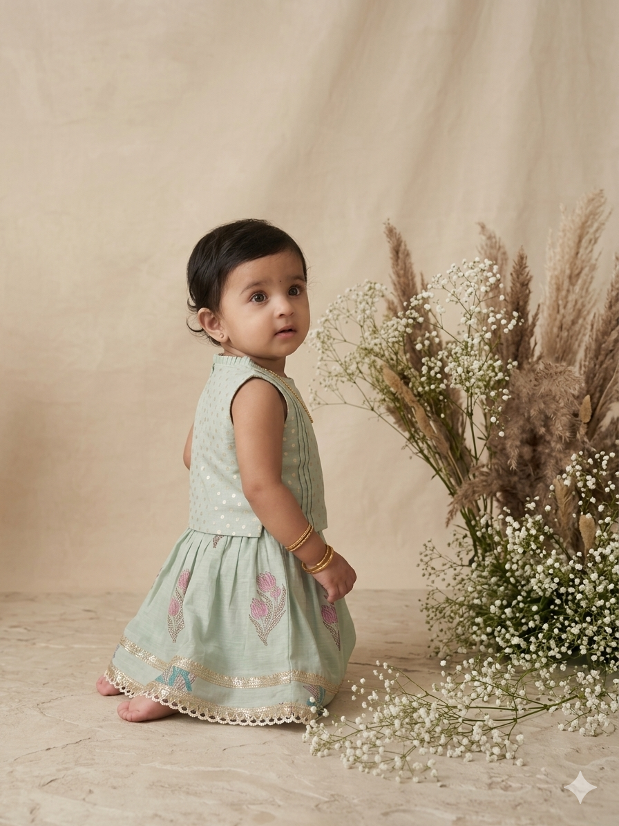 Mint Bloom Block Print Skirt Set (3-4 years)