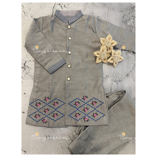 Floral tic tac toe grey kurta set