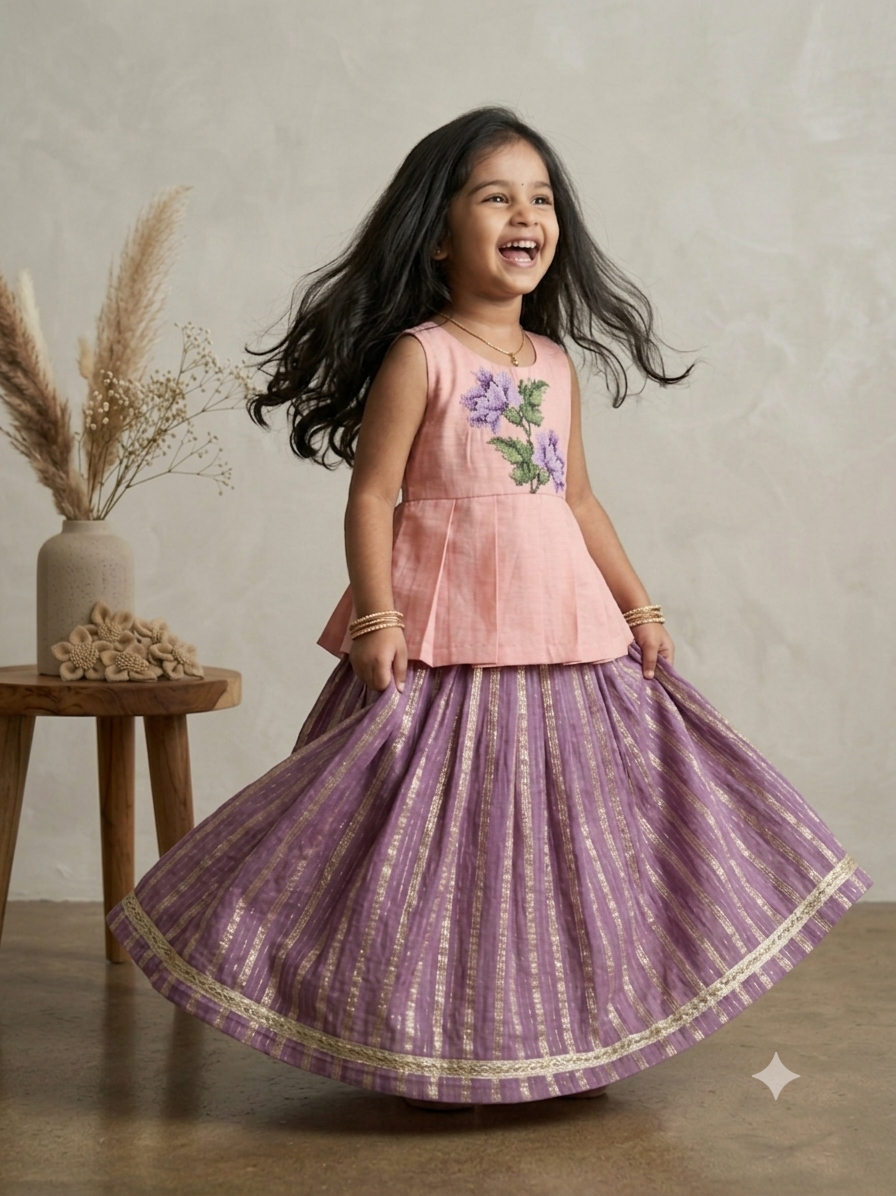 Lilac and pink blossom cross stitch skirt set (4-5 years)