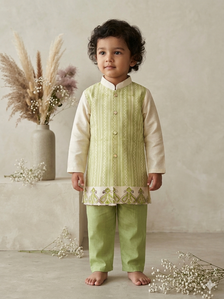lime green blockprint kurta set