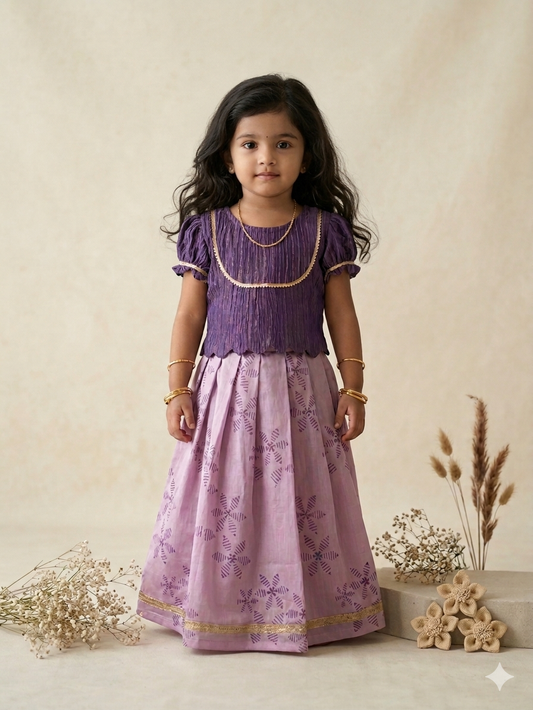 lilac and purple block print floral skirt set.