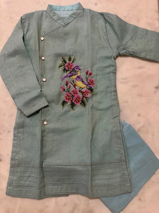 Teal Bird Cross-Stitch Tissue Chanderi Kurta Se