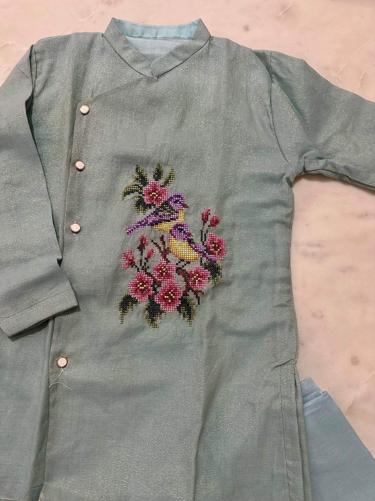 Teal Bird Cross-Stitch Tissue Chanderi Kurta Se