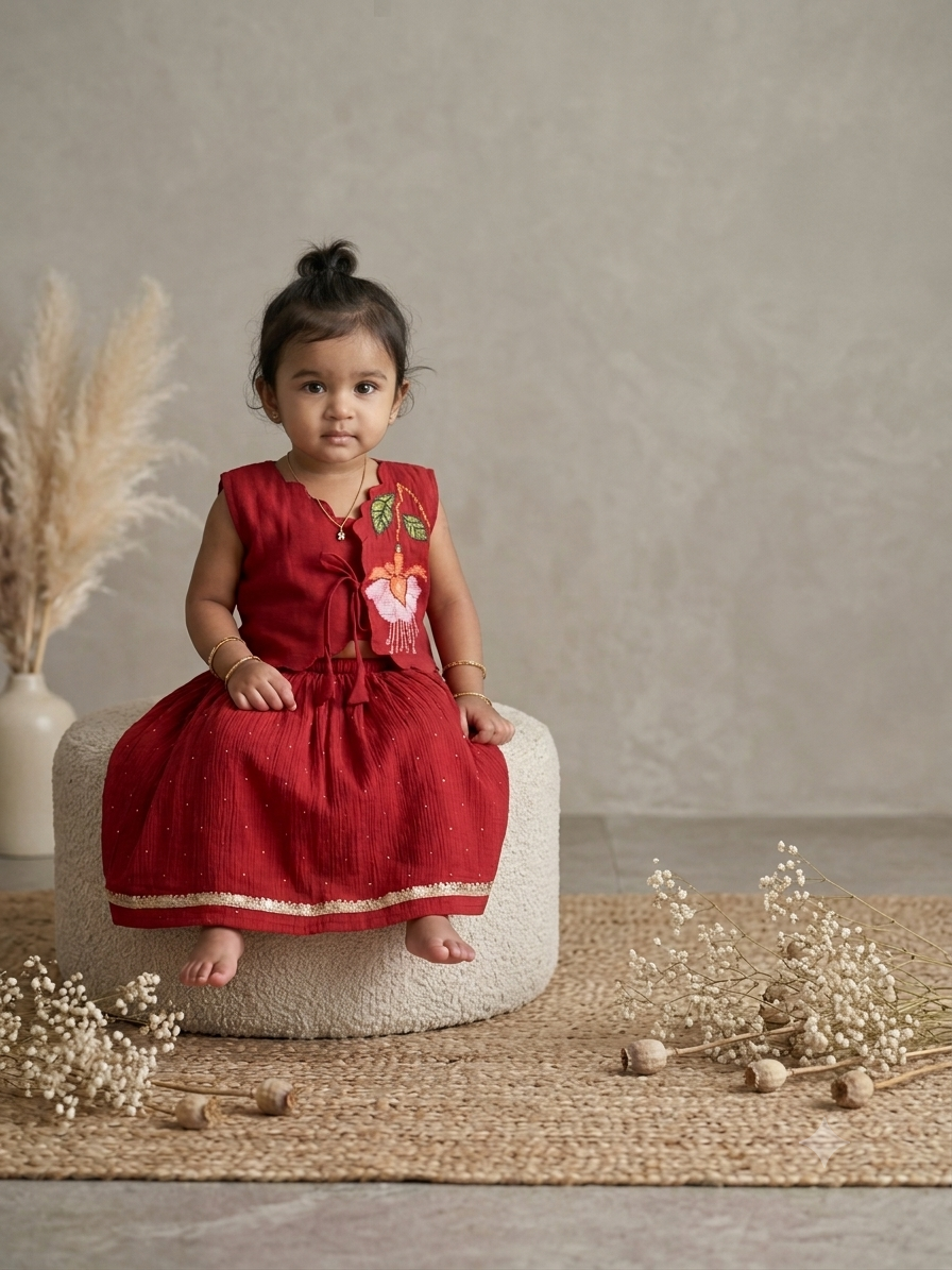 Scarlet bloom cross stitch skirt set (3-4 years)