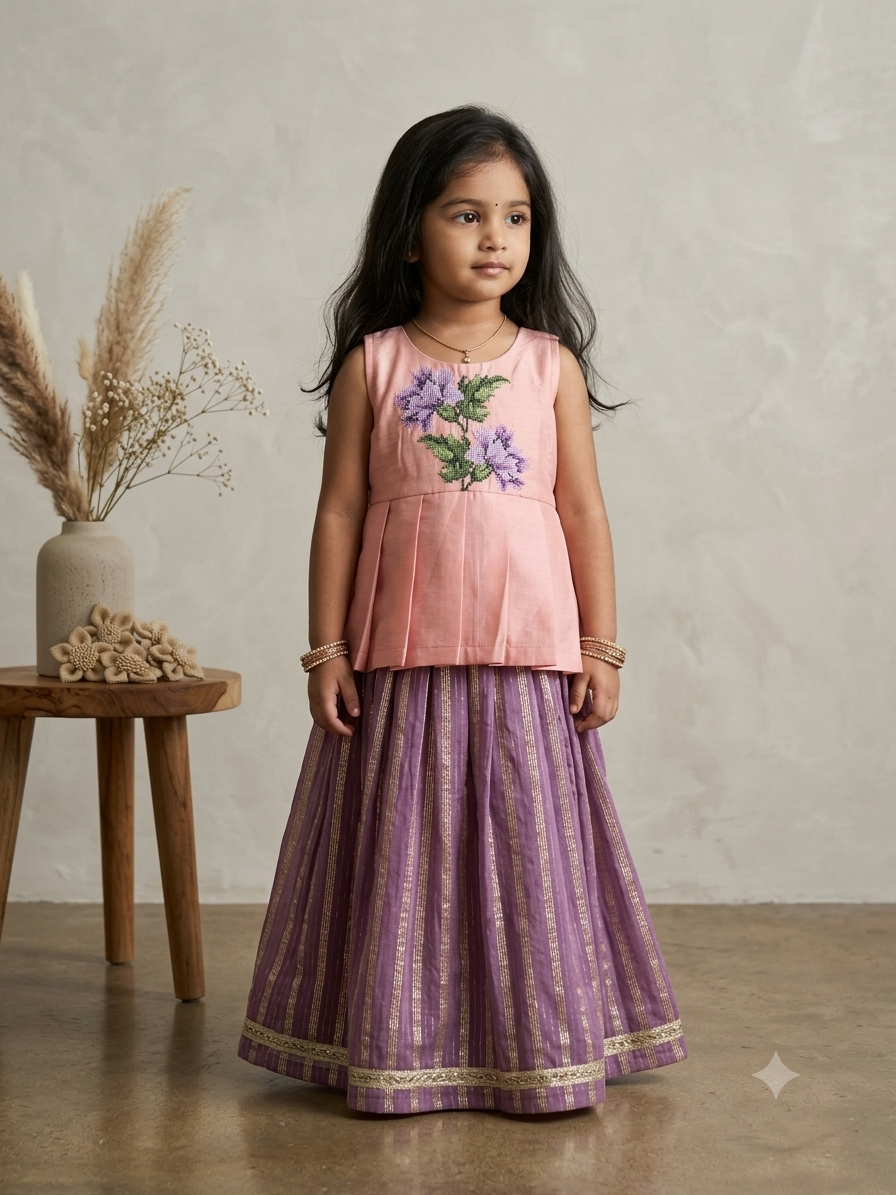 Lilac and pink blossom cross stitch skirt set (4-5 years)